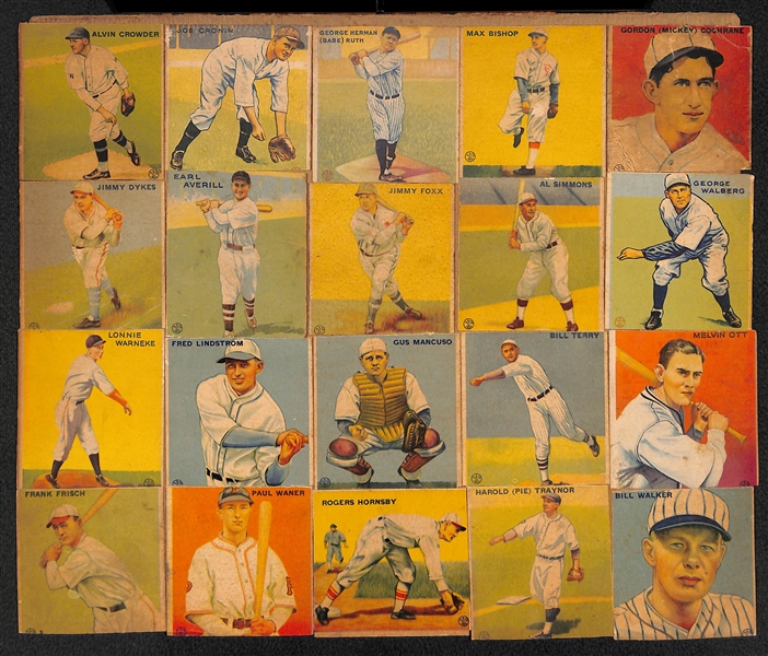 (20) 1933 Goudey Cards (Inc. Babe Ruth, Foxx, Ott, Hornsby, +) Trimmed & Adhered to Cardboard Backing 